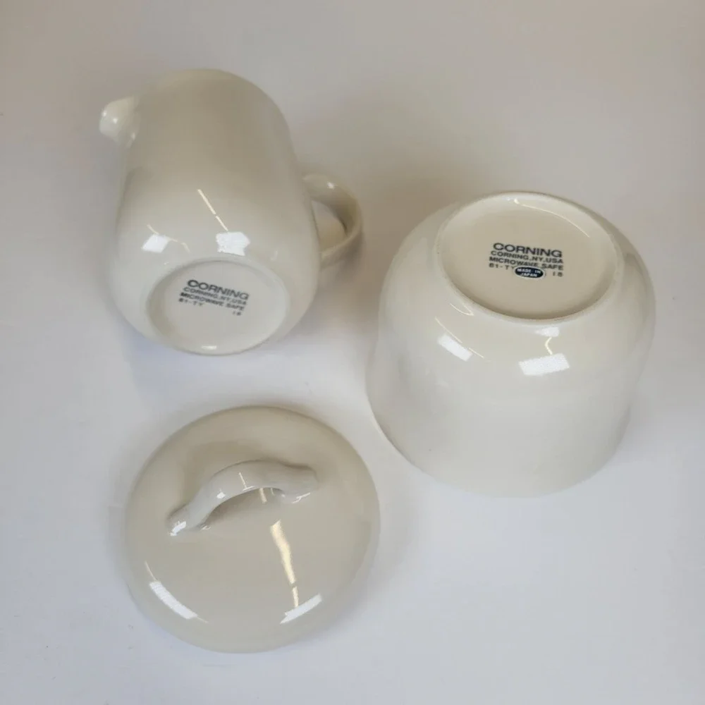 Corning Vintage Creamer &‎ Sugar Bowl Set Off-White Ceramic Farmhouse Neutral
